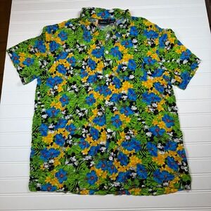 Disney Mickey Mouse Mens Tropical Hibiscus Floral Rayon Button Down Shirt LG